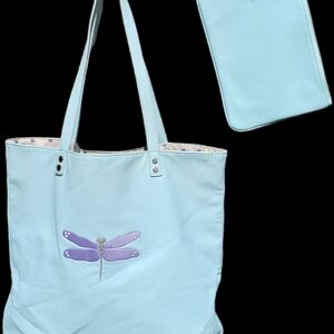Jewell By Thirty One Light teal/blue shade Dragonfly Tote Bag with Zip Pouch